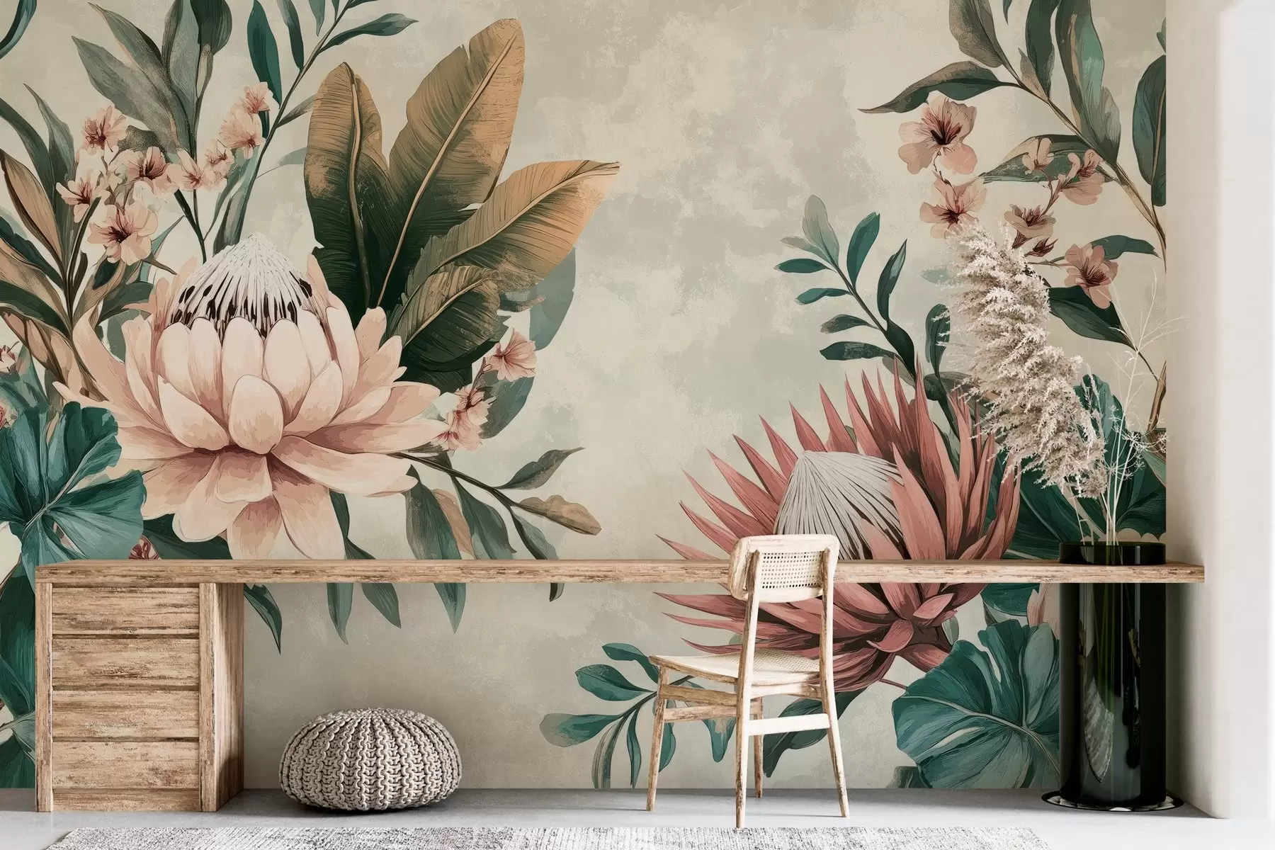 murales de pared plantas exóticas, hojas de palmera y flores de protea inspiradas en el vintage w03015