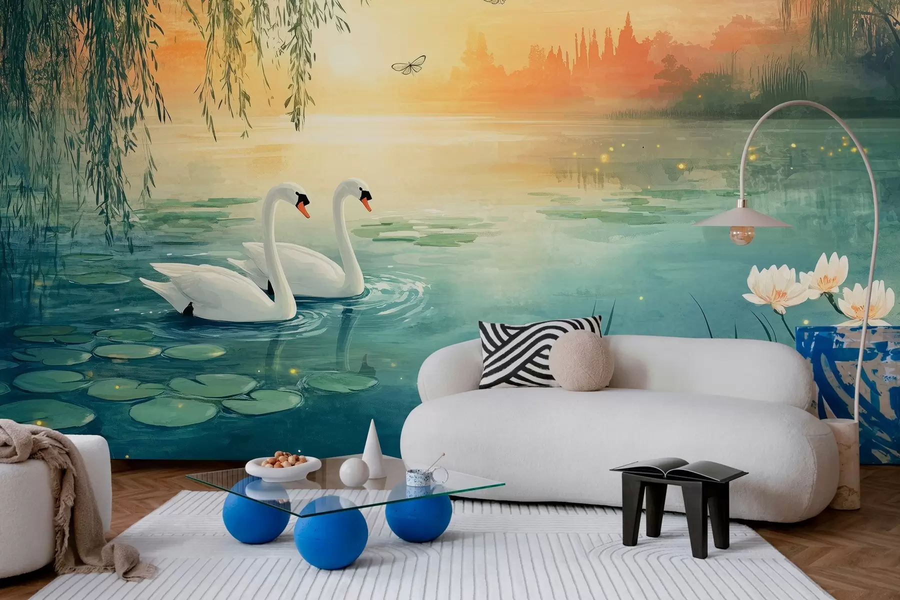 murales de pared Paisaje romántico al óleo con dos cisnes blancos en el lago w03017