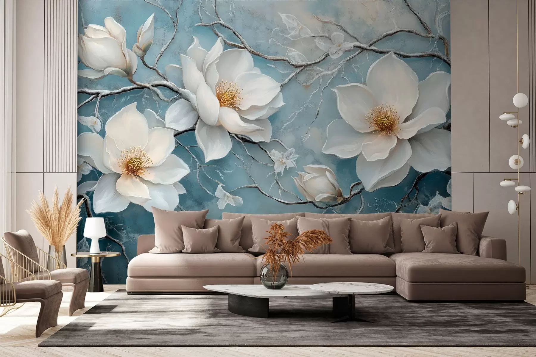 murales de pared Flores blancas escarchadas sobre fondo azul al estilo de la pintura al óleo w03018