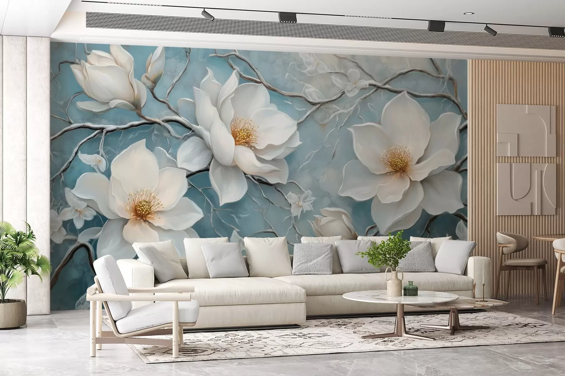 murales de pared Flores blancas escarchadas sobre fondo azul al estilo de la pintura al óleo w03018
