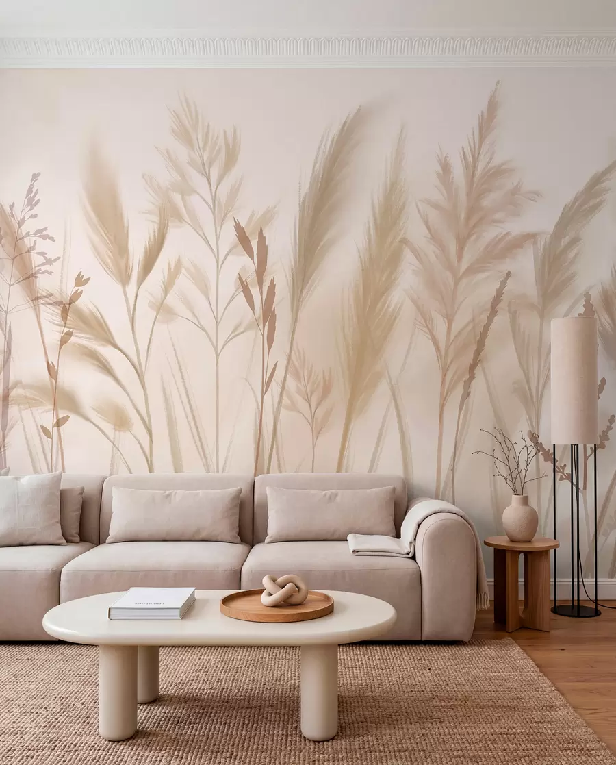 murales de pared Hierbas altas y delicadas, espiguillas y plantas en suaves tonos beige y crema, sobre un fondo ligeramente difuminado w08736
