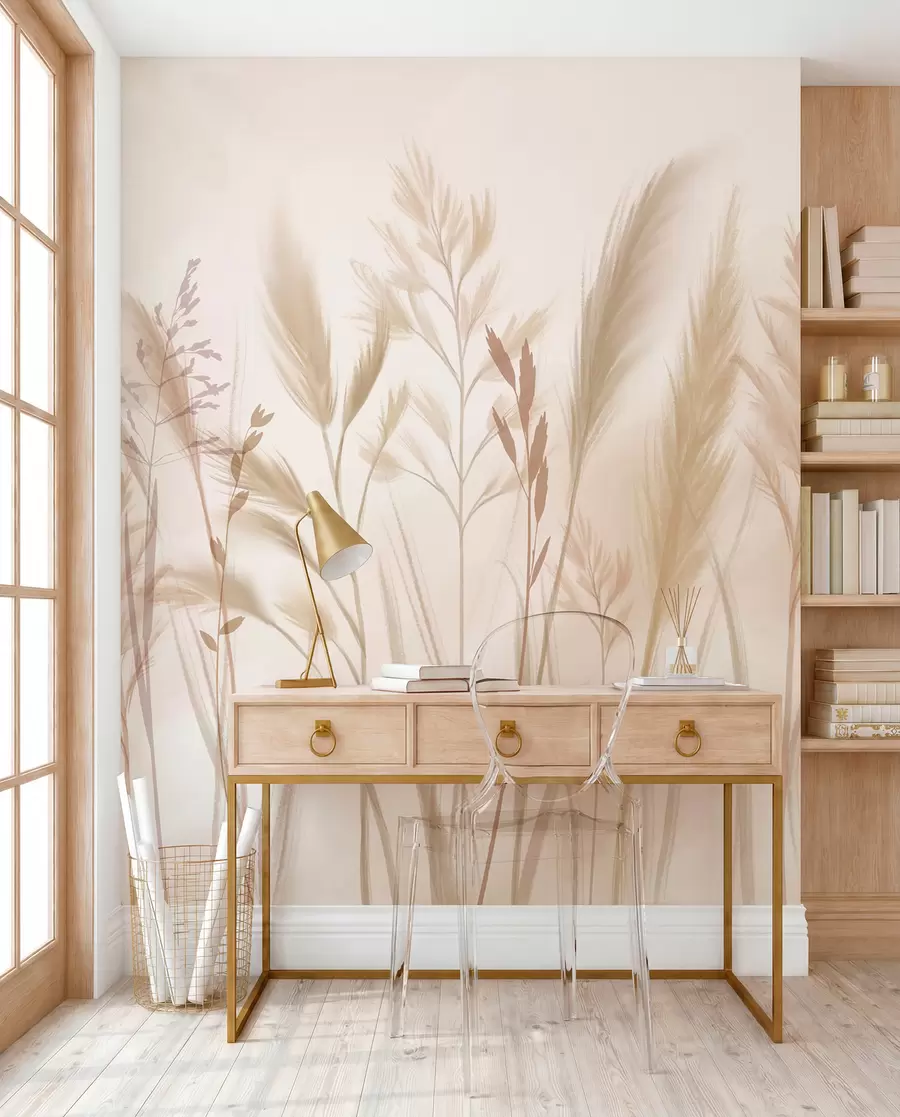 murales de pared Hierbas altas y delicadas, espiguillas y plantas en suaves tonos beige y crema, sobre un fondo ligeramente difuminado w08736