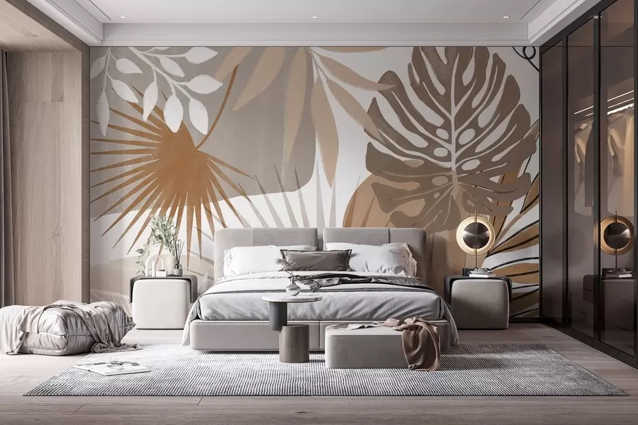 murales de pared Diseño abstracto con varias hojas tropicales en tonos tierra, marrón, beige y crema w08738