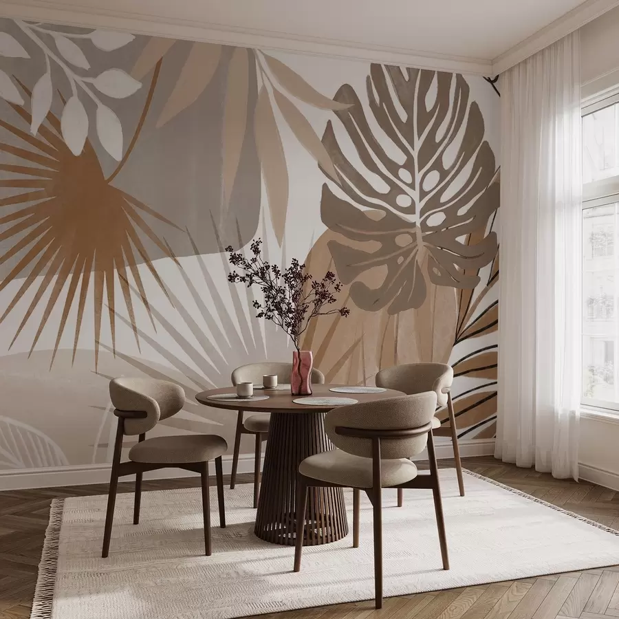 murales de pared Diseño abstracto con varias hojas tropicales en tonos tierra, marrón, beige y crema w08738