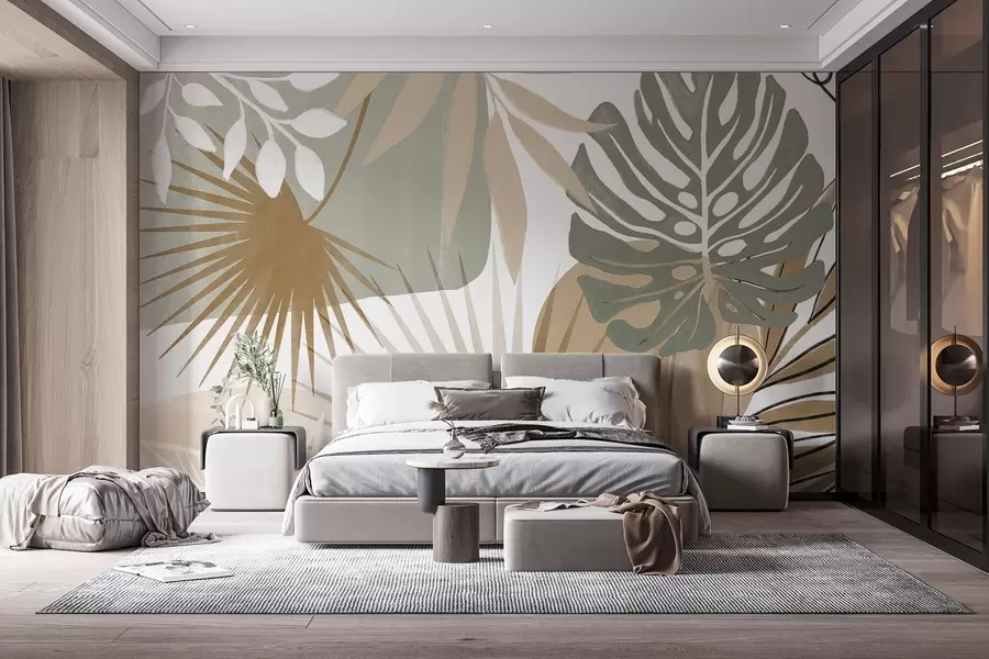 murales de pared Diseño abstracto con varias hojas tropicales en tonos tierra, verde, beige y crema w08738v1