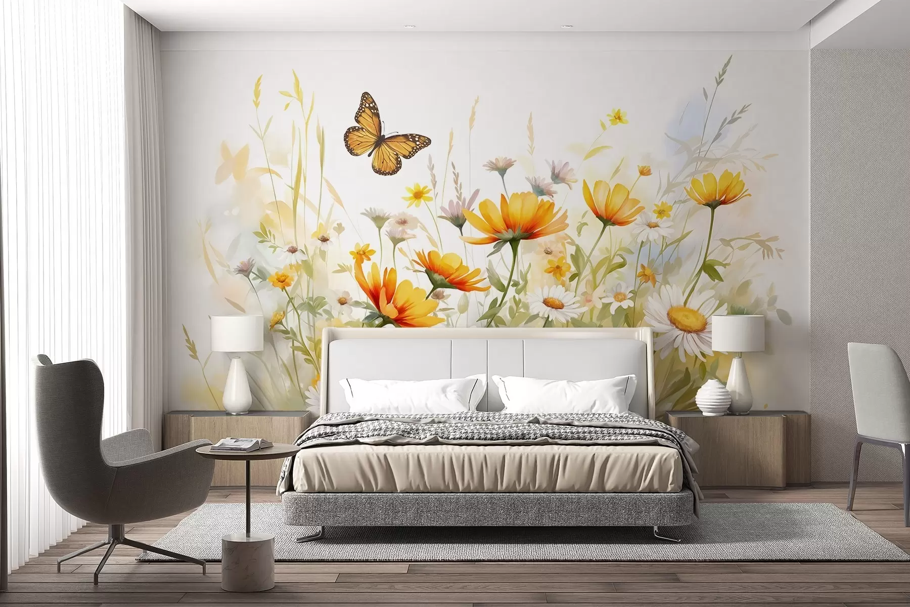 murales de pared Un vibrante campo de flores en forma de acuarela con flores naranjas y amarillas y una mariposa sobre las flores w08739