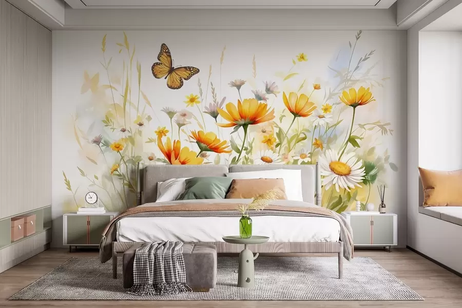 murales de pared Un vibrante campo de flores en forma de acuarela con flores naranjas y amarillas y una mariposa sobre las flores w08739
