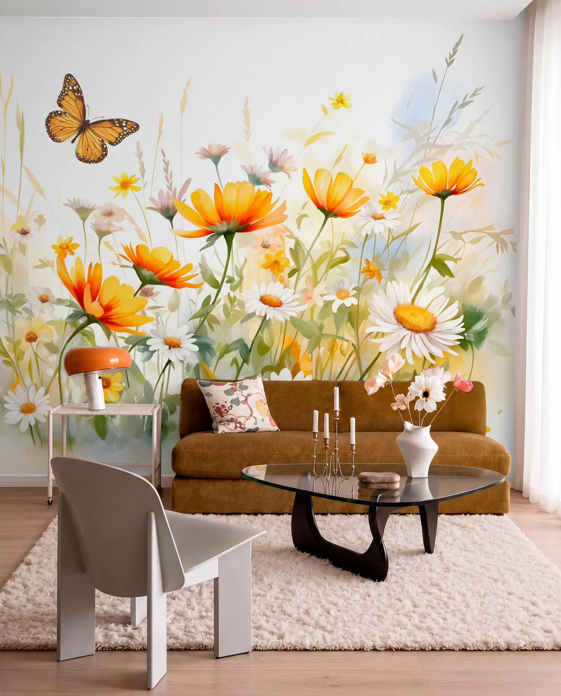 murales de pared Un vibrante campo de flores en forma de acuarela con flores naranjas y amarillas y una mariposa sobre las flores w08739