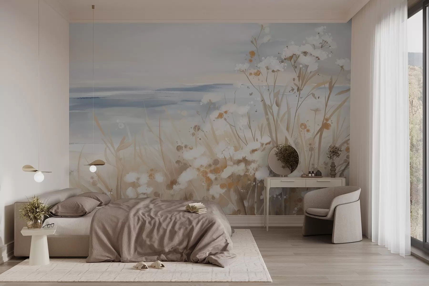 murales de pared Flores abstractas blancas con delicados tallos en una hierba, sobre un fondo suave y apagado de un mar y un cielo en calma w08740