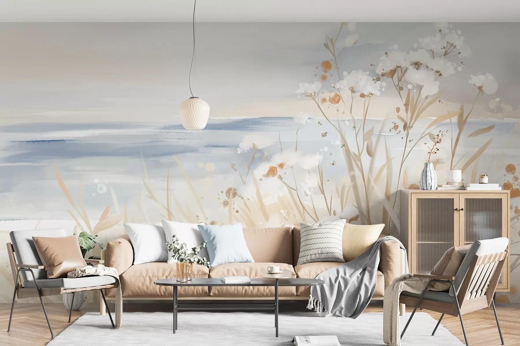 murales de pared Flores abstractas blancas con delicados tallos en una hierba, sobre un fondo suave y apagado de un mar y un cielo en calma w08740