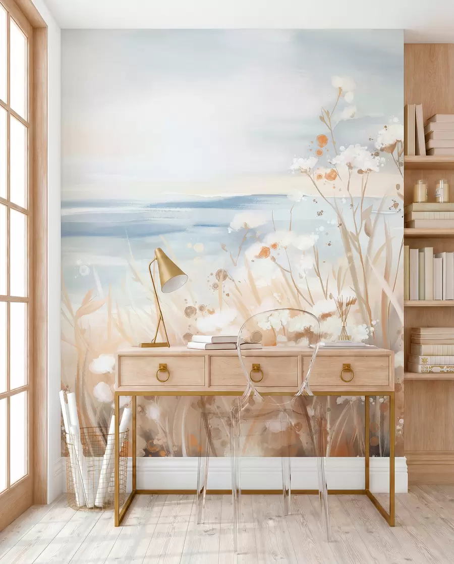 murales de pared Flores abstractas blancas con delicados tallos en una hierba, sobre un fondo suave y apagado de un mar y un cielo en calma w08740