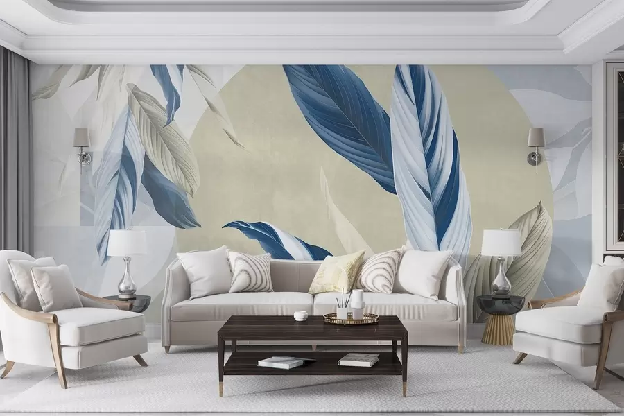 murales de pared Composición geométrica texturada moderna y abstracta con hojas detalladas en tonos azul, beige y blanco w08741