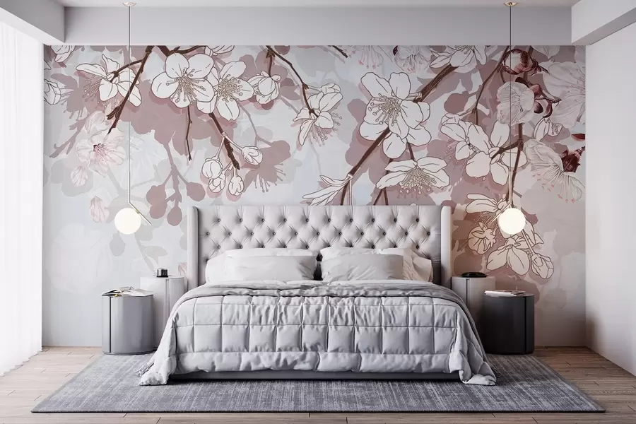 murales de pared Ramas de cerezos en flor con delicadas flores blancas y toques rosas sobre un fondo azul claro w08743