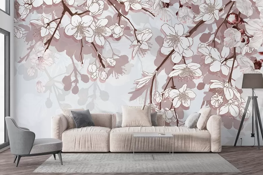 murales de pared Ramas de cerezos en flor con delicadas flores blancas y toques rosas sobre un fondo azul claro w08743