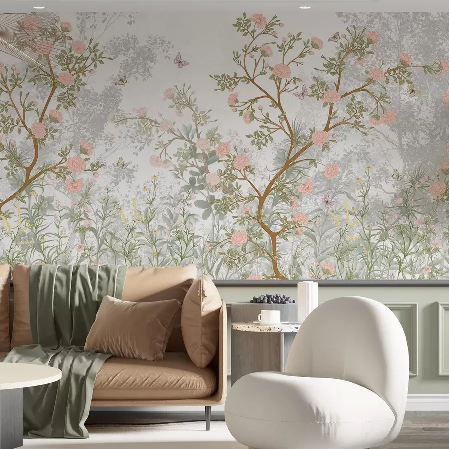 murales de pared Delicados árboles en flor de color rosa, mariposas voladoras y hojas verdes entrelazadas con esbeltas ramas w08744