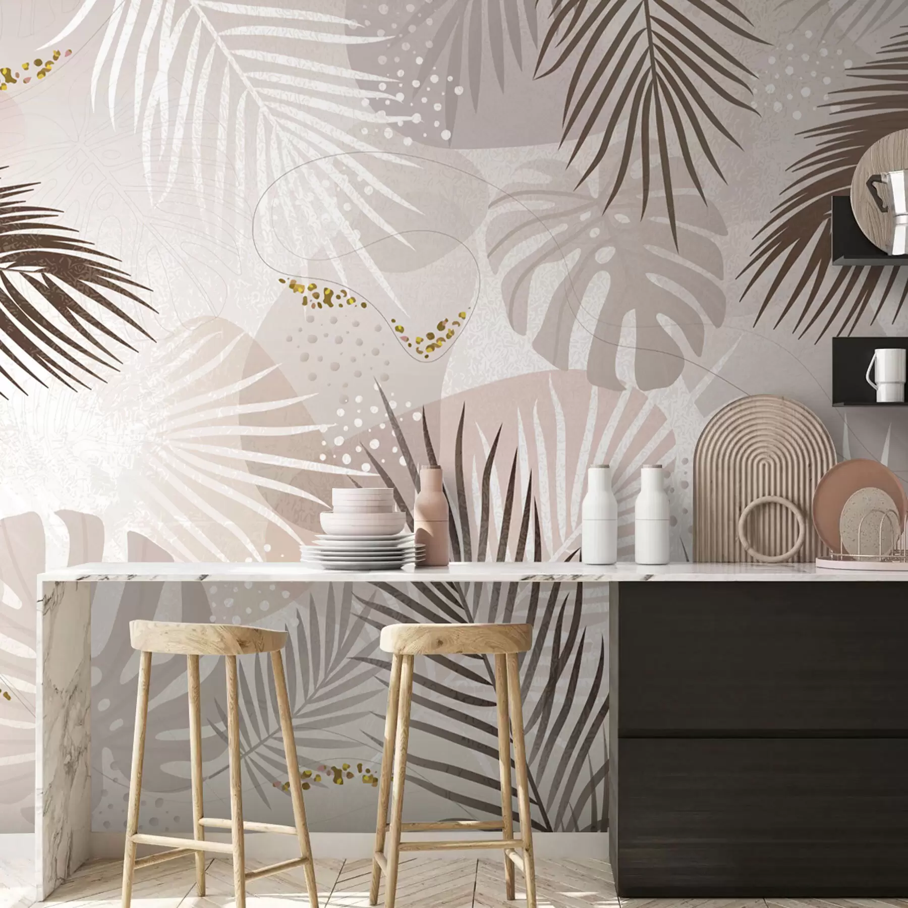 murales de pared Tendencia abstracta de hojas y líneas tropicales w03060