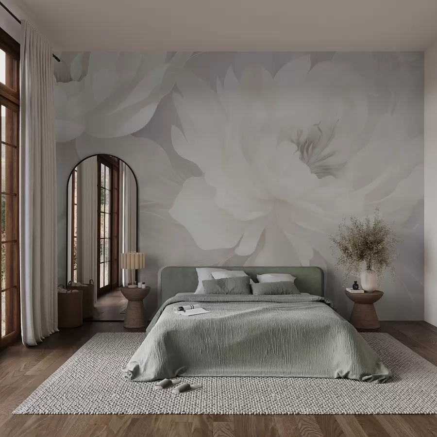 murales de pared Delicadas flores voluminosas en suaves tonos blanco-crema sobre un fondo suave w03045