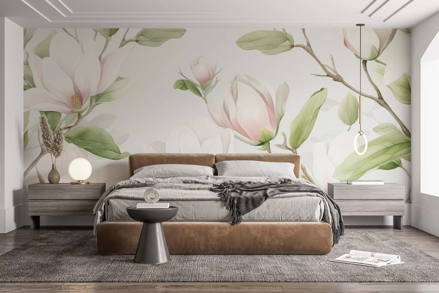 murales de pared Elegantes ramas de magnolia con delicadas flores blanco-rosadas y hojas verdes sobre fondo claro w03046