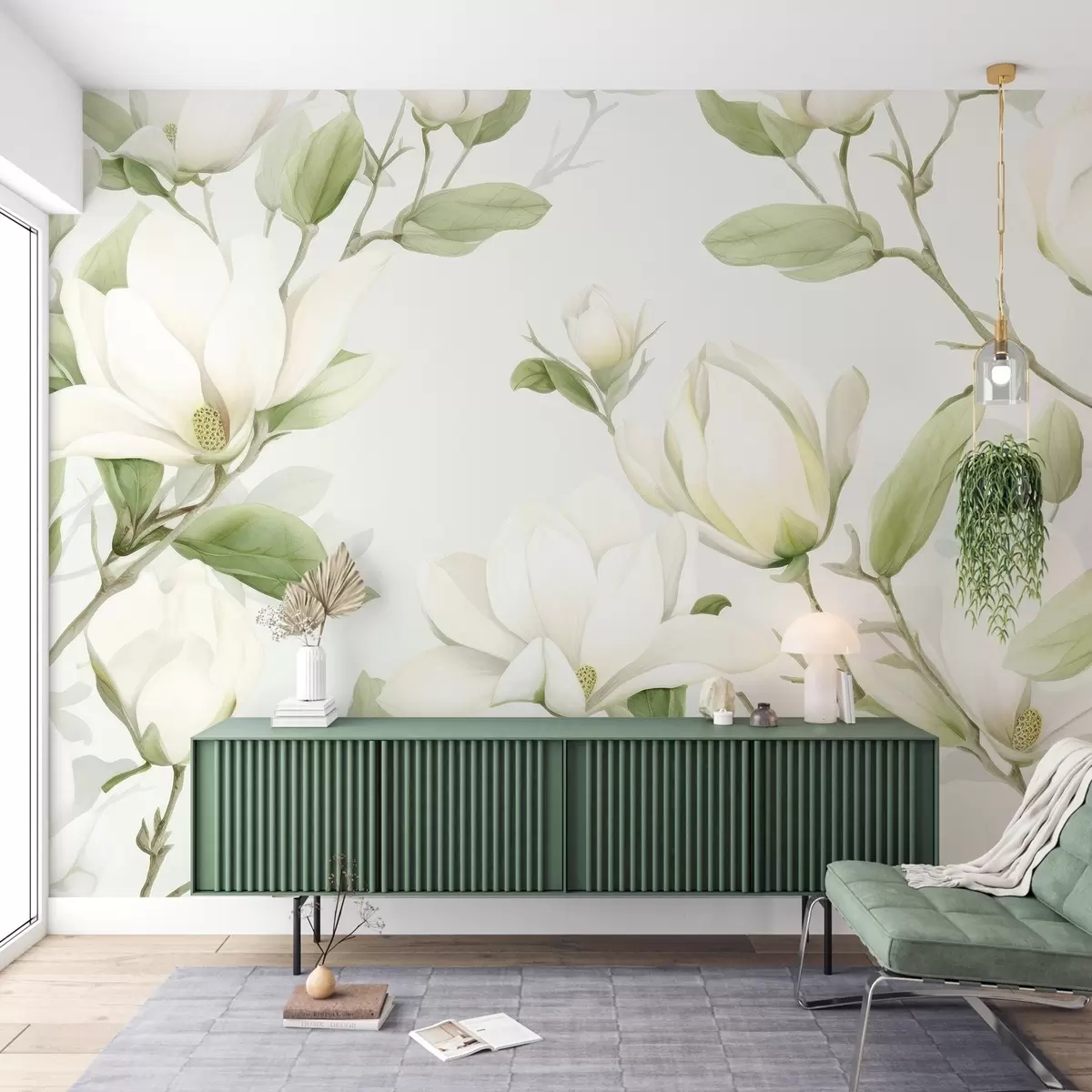 murales de pared Elegantes flores de magnolia en tonos blancos y cremas con delicadas hojas verdes sobre fondo claro w03046v1