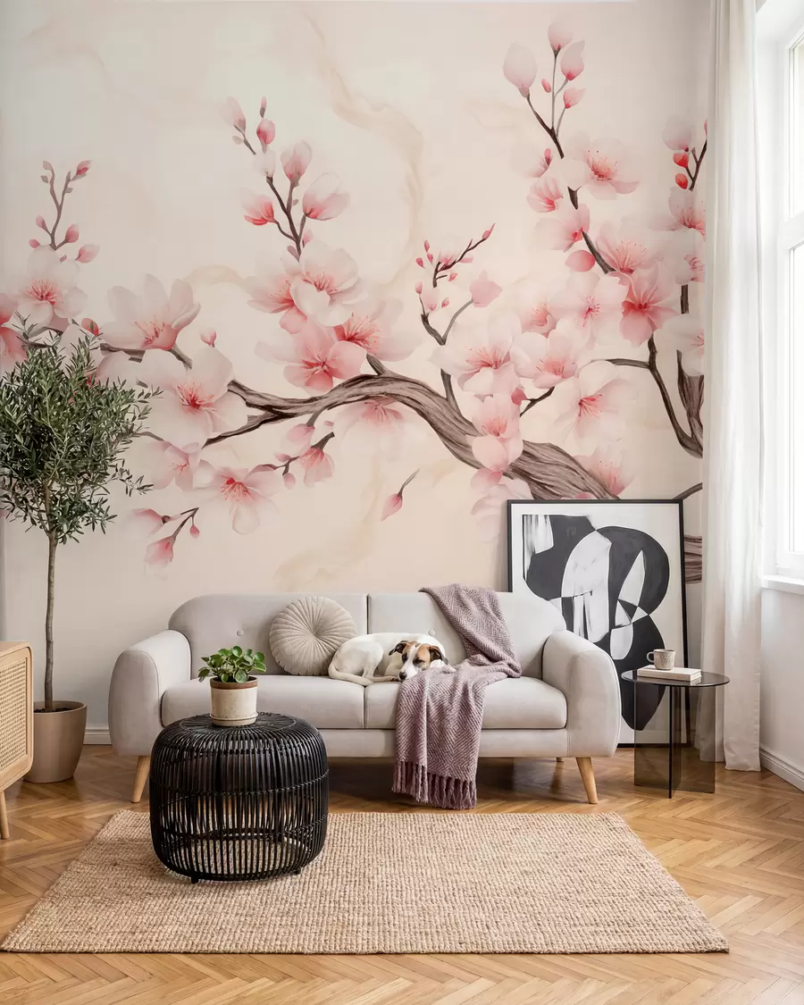 murales de pared Una delicada rama de cerezo con flores de color rosa suave sobre un fondo claro w03079