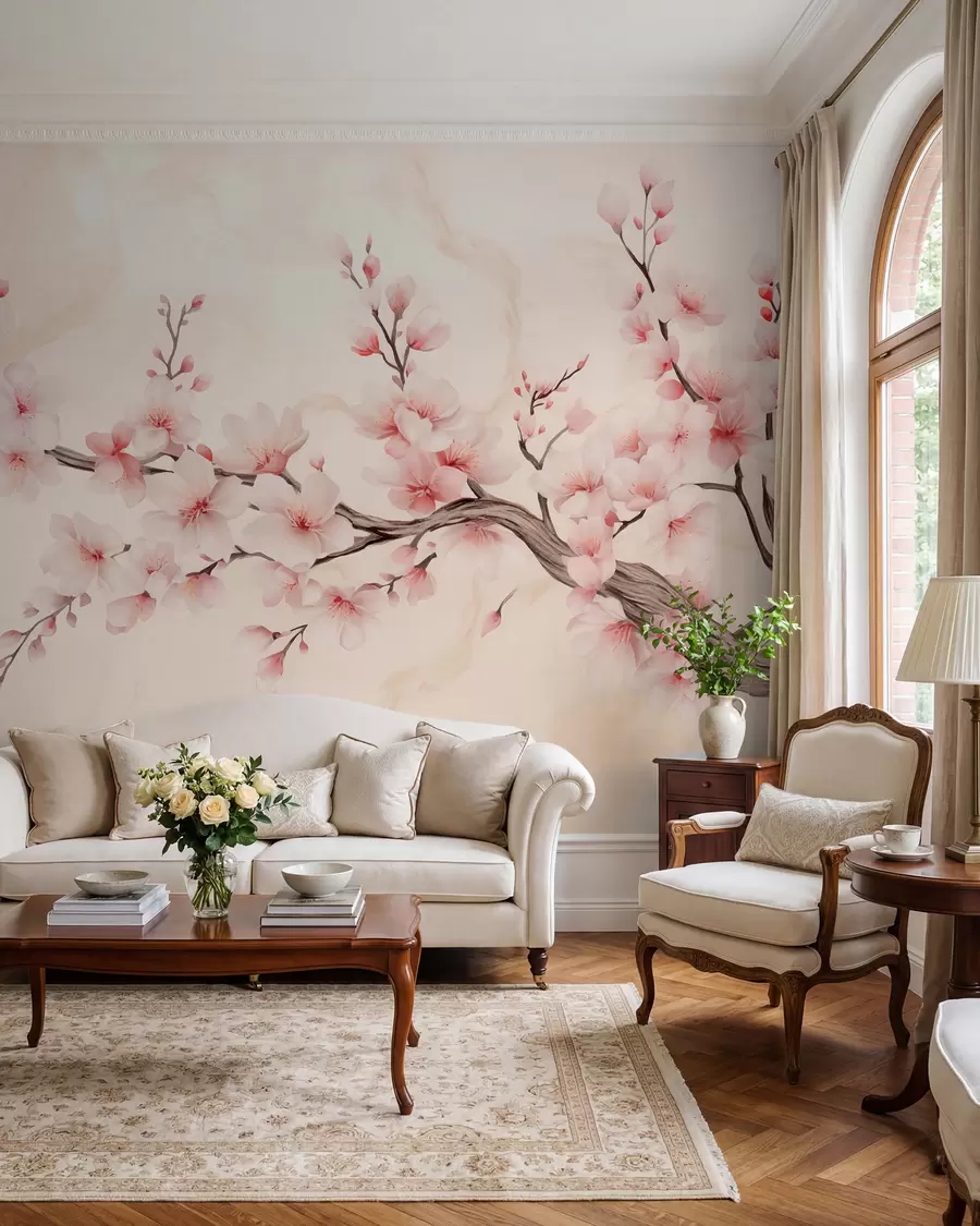 murales de pared Una delicada rama de cerezo con flores de color rosa suave sobre un fondo claro w03079