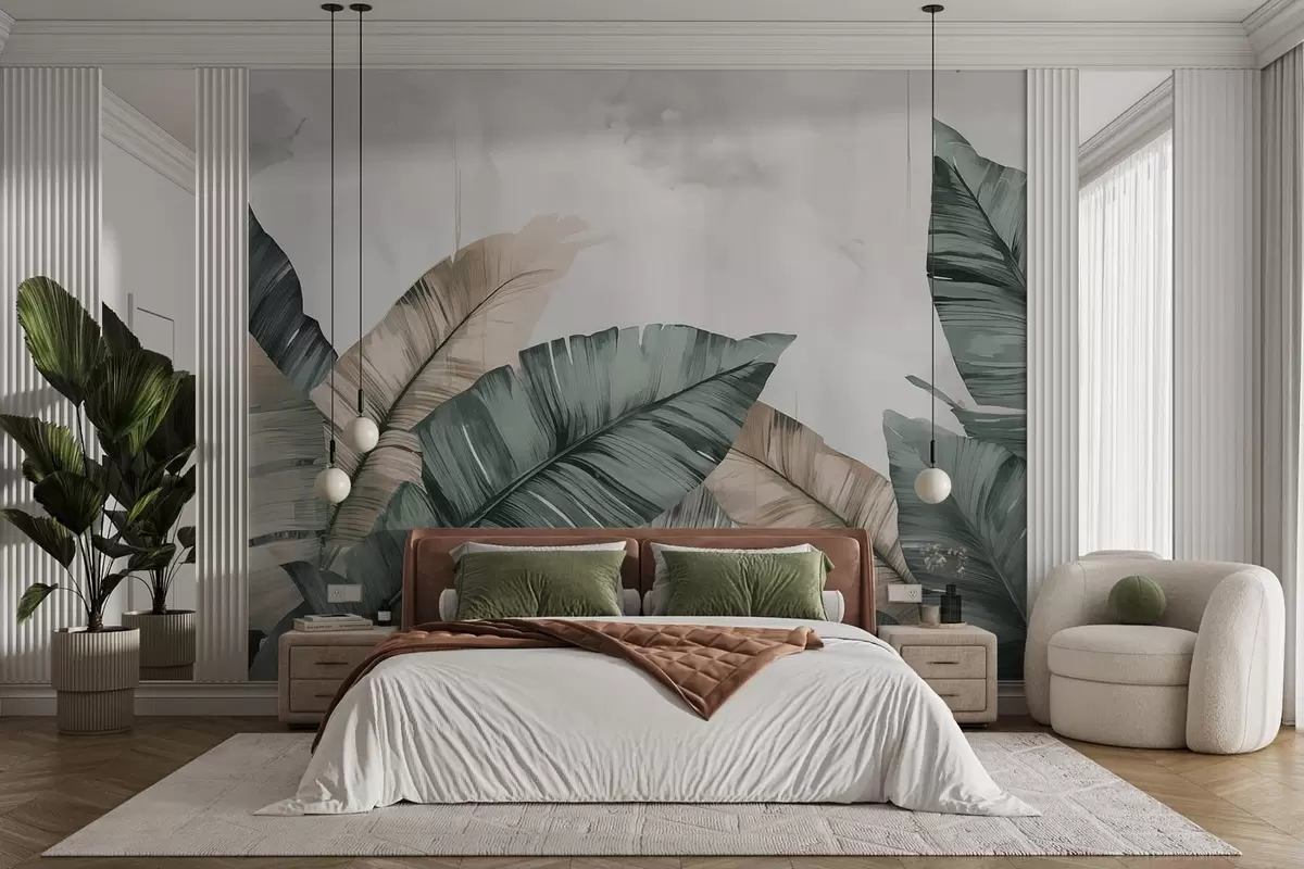 murales de pared Grandes hojas tropicales en estilo grunge w08761