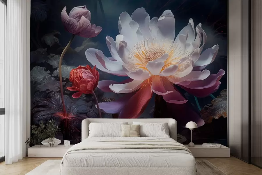 murales de pared Fantásticas flores floreciendo en una atmósfera oscura de cuento de hadas w08747