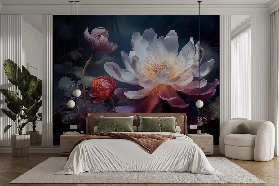 murales de pared Fantásticas flores floreciendo en una atmósfera oscura de cuento de hadas w08747