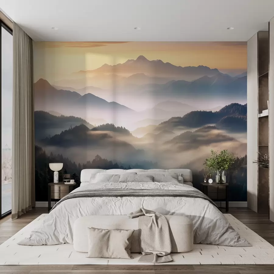 murales de pared Sereno paisaje de montaña al amanecer, con suave bruma envolviendo los pinos w08748