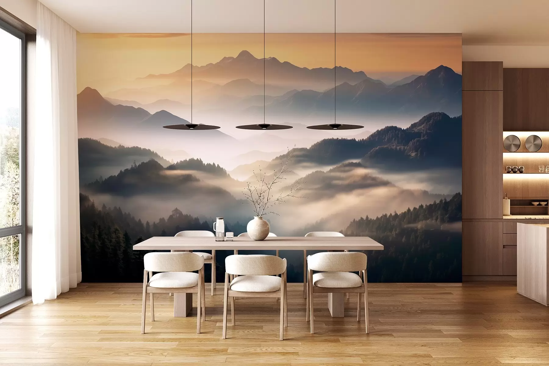murales de pared Sereno paisaje de montaña al amanecer, con suave bruma envolviendo los pinos w08748