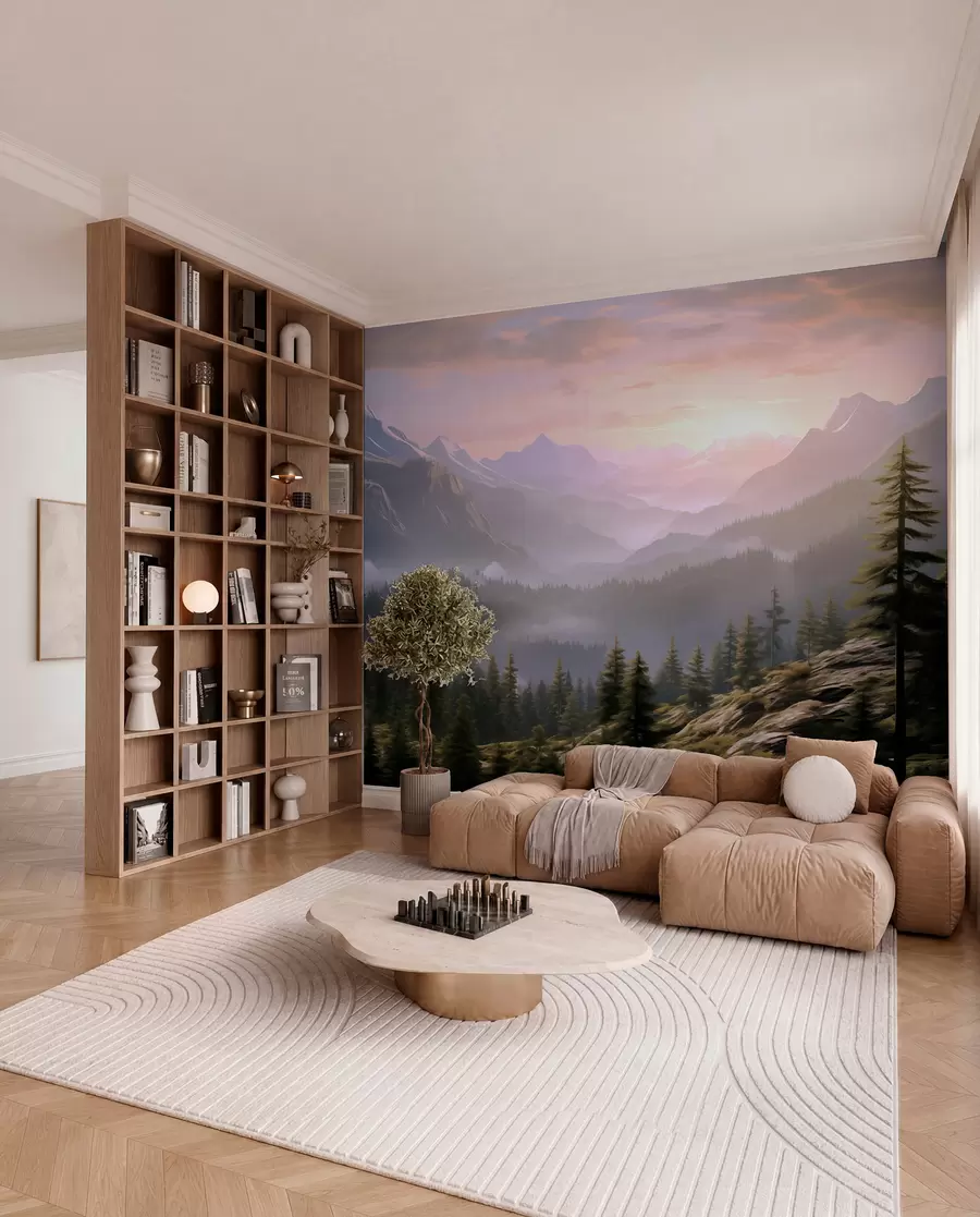 murales de pared Sereno paisaje de montaña al amanecer con suave niebla sobre el fondo de un bosque w08750