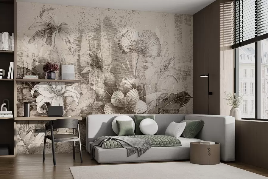 murales de pared Diseño vintage con flores y plantas exóticas w08767v2