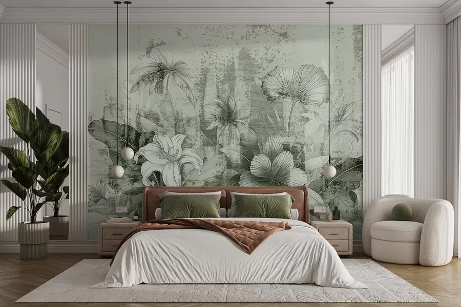 murales de pared Diseño vintage con flores y plantas exóticas w08767v3