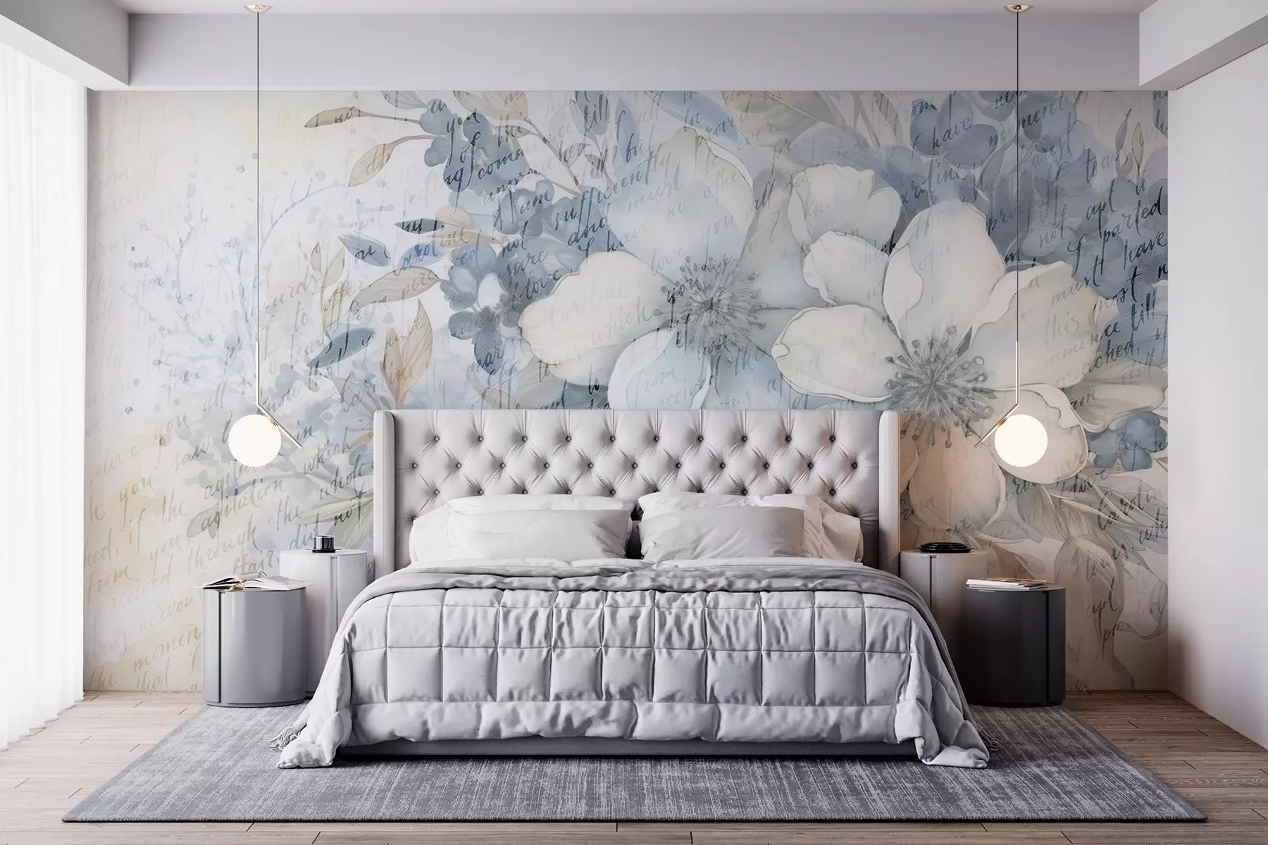 murales de pared Una suave imitación de pared con textura de flores blancas y azules, sobre un fondo pálido con un tenue texto manuscrito w08771