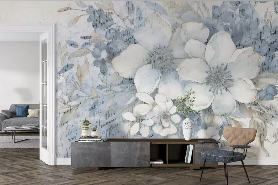 murales de pared Una suave imitación de pared con textura de flores blancas y azules, sobre un fondo pálido con un tenue texto manuscrito w08771