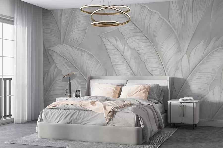 murales de pared Grandes hojas tropicales detalladas con gran textura en un color gris claro monocromático de estilo loft w08772