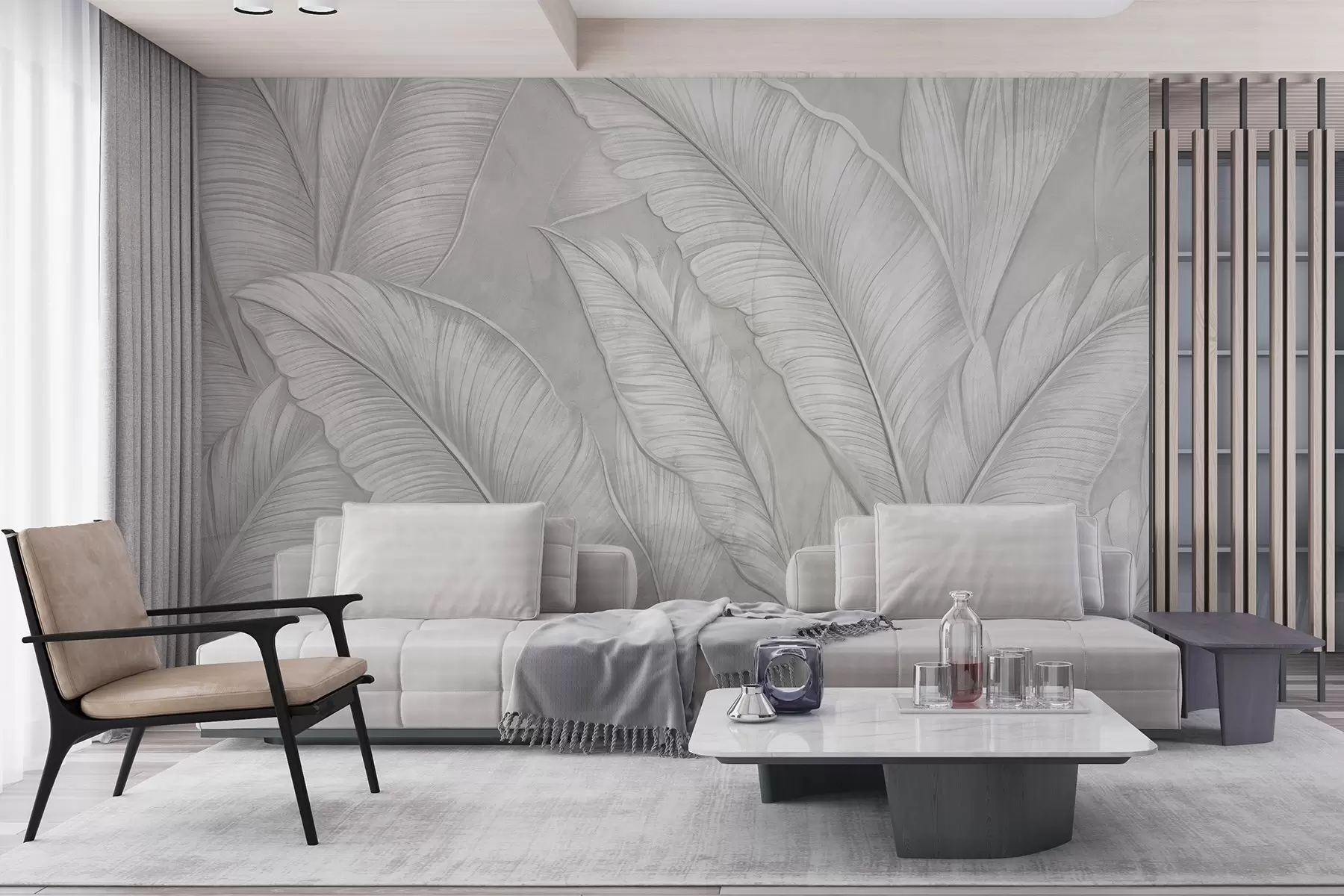 murales de pared Grandes hojas tropicales detalladas con gran textura en un color gris claro monocromático de estilo loft w08772