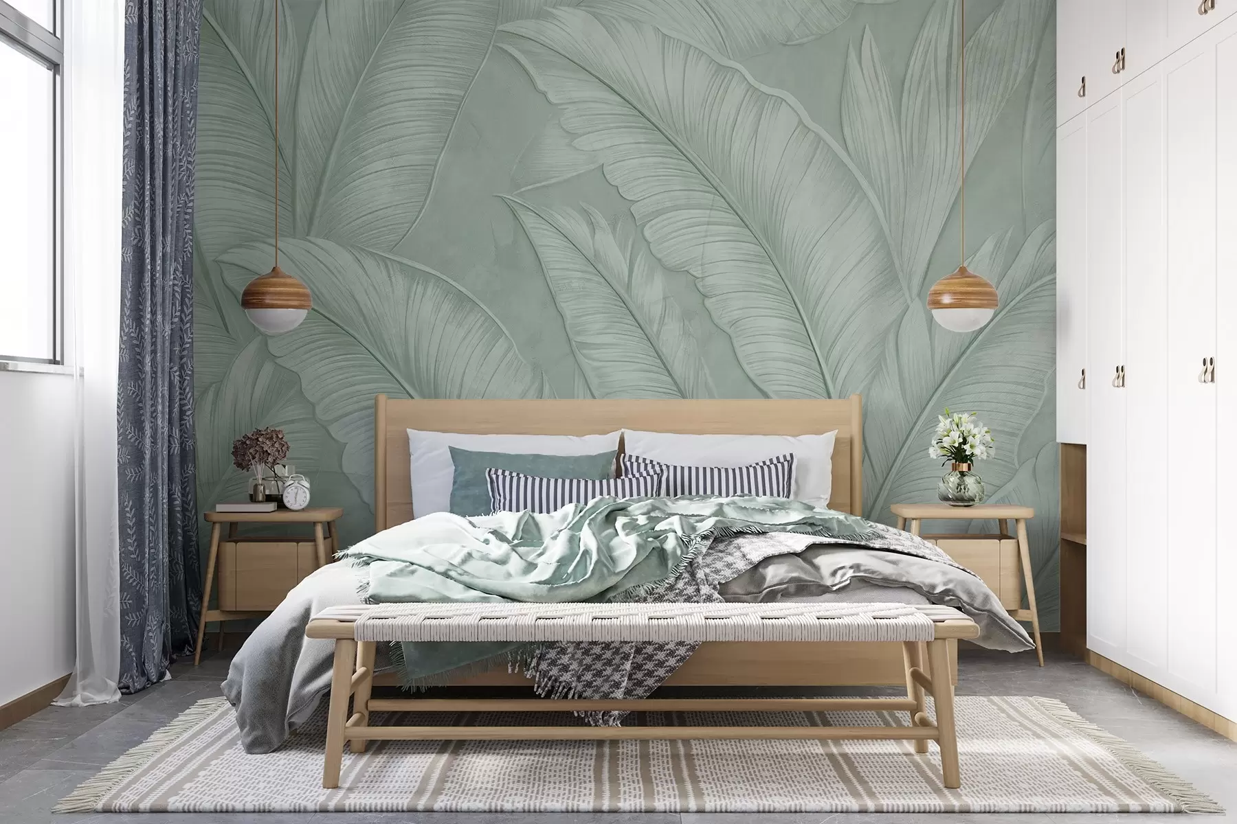 murales de pared Grandes hojas tropicales de gran textura y detalle en un color verde monocromático de estilo loft w08772v1