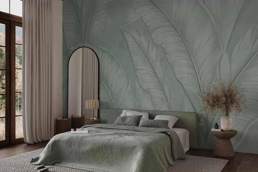 murales de pared Grandes hojas tropicales de gran textura y detalle en un color verde monocromático de estilo loft w08772v1