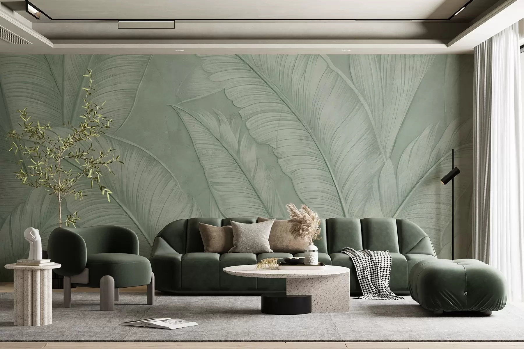 murales de pared Grandes hojas tropicales de gran textura y detalle en un color verde monocromático de estilo loft w08772v1