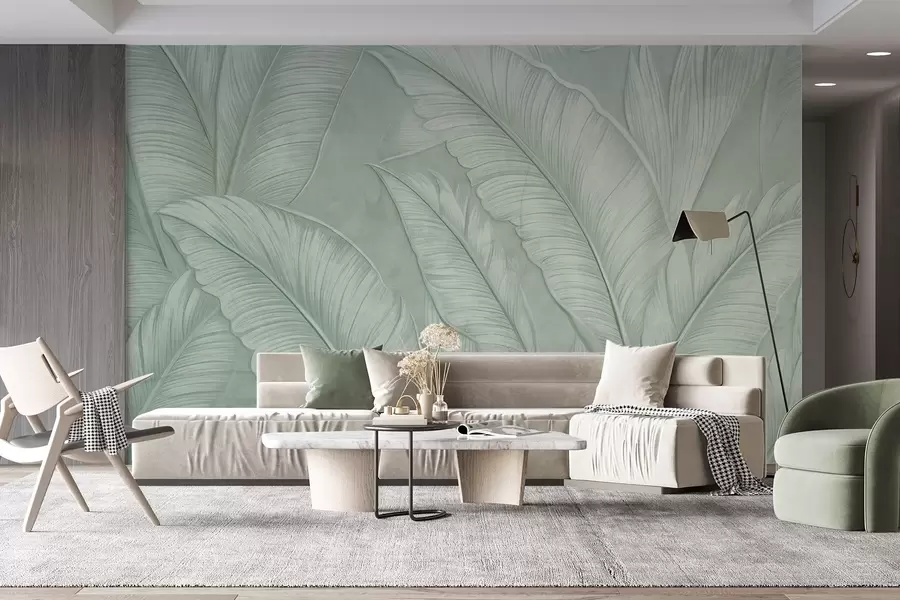 murales de pared Grandes hojas tropicales de gran textura y detalle en un color verde monocromático de estilo loft w08772v1