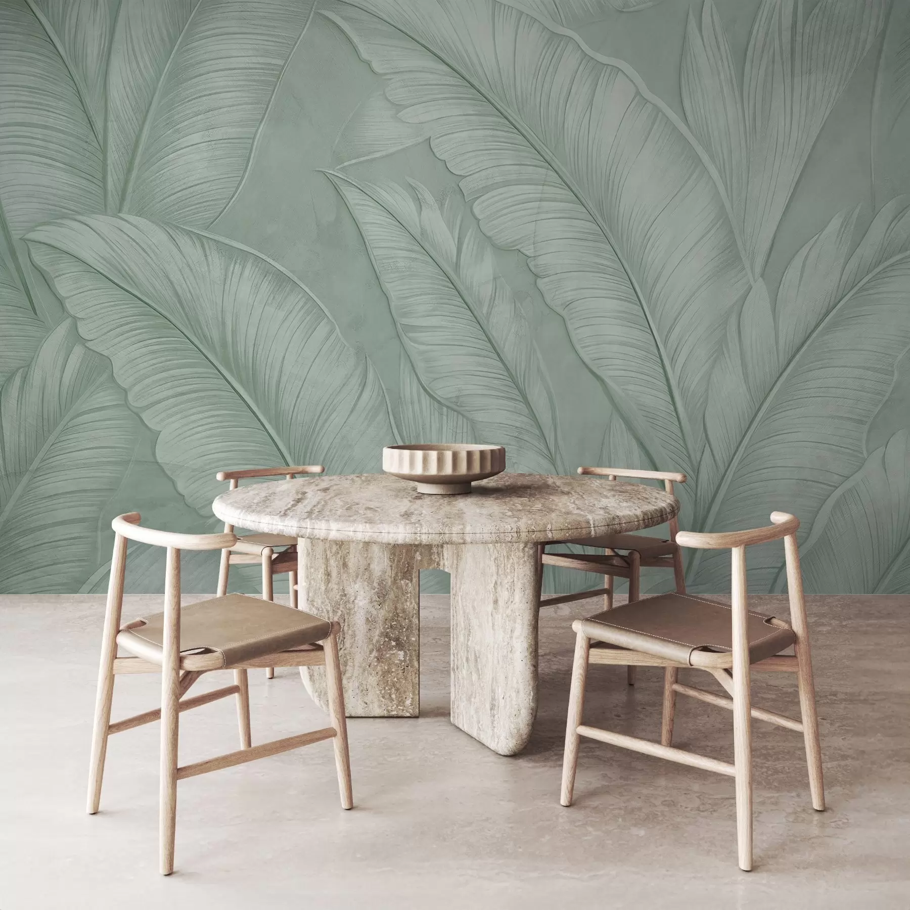 murales de pared Grandes hojas tropicales de gran textura y detalle en un color verde monocromático de estilo loft w08772v1