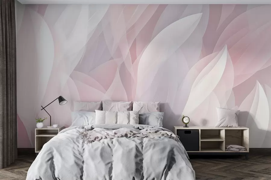 murales de pared Diseño abstracto con suaves formas de pétalos en tonos rosas y blancos que crean un efecto de capas w08774