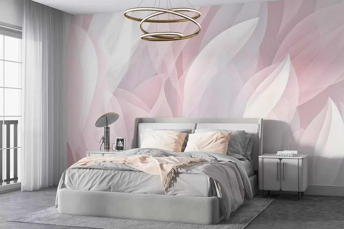 murales de pared Diseño abstracto con suaves formas de pétalos en tonos rosas y blancos que crean un efecto de capas w08774