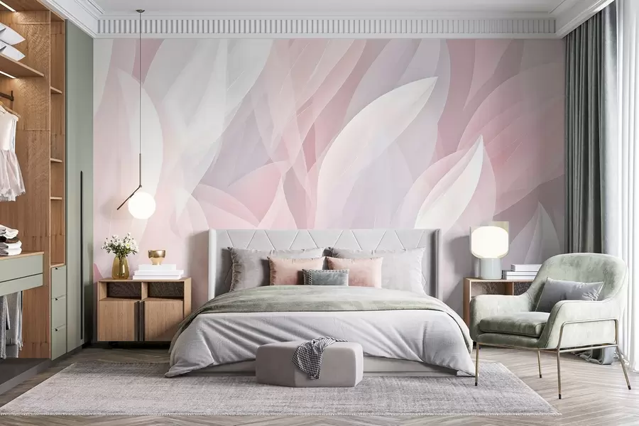 murales de pared Diseño abstracto con suaves formas de pétalos en tonos rosas y blancos que crean un efecto de capas w08774