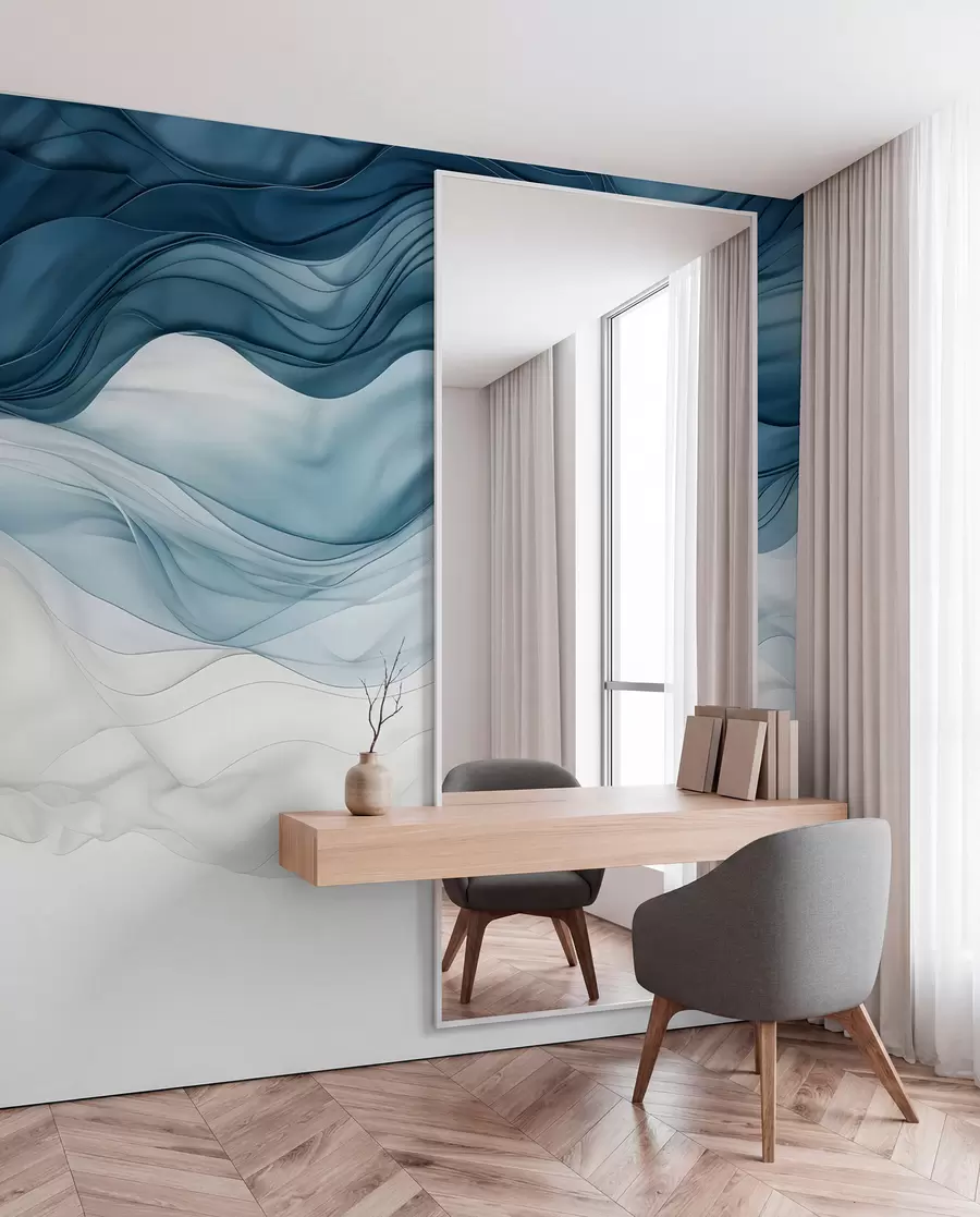 murales de pared Ondas fluidas de texturas translúcidas en tonos azul oscuro, azul claro y blanco sobre un fondo claro w08775