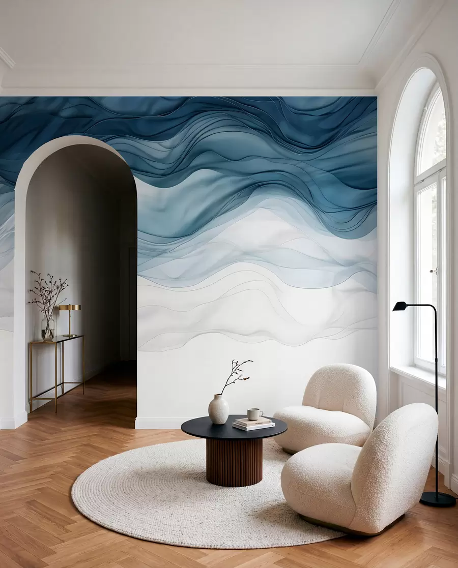 murales de pared Ondas fluidas de texturas translúcidas en tonos azul oscuro, azul claro y blanco sobre un fondo claro w08775