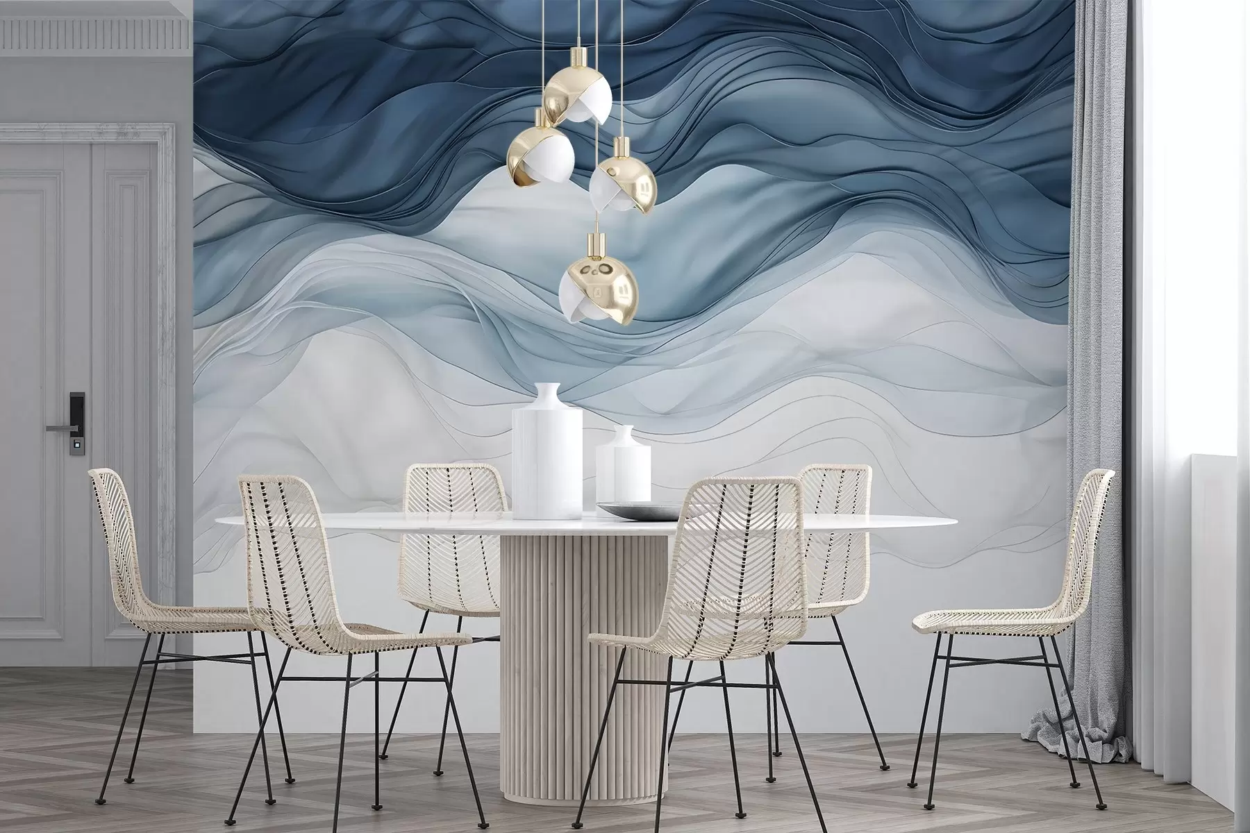 murales de pared Ondas fluidas de texturas translúcidas en tonos azul oscuro, azul claro y blanco sobre un fondo claro w08775