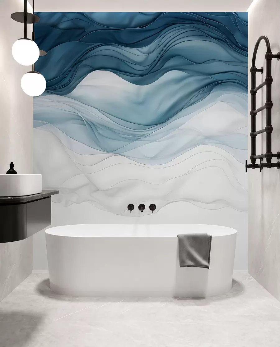 murales de pared Ondas fluidas de texturas translúcidas en tonos azul oscuro, azul claro y blanco sobre un fondo claro w08775