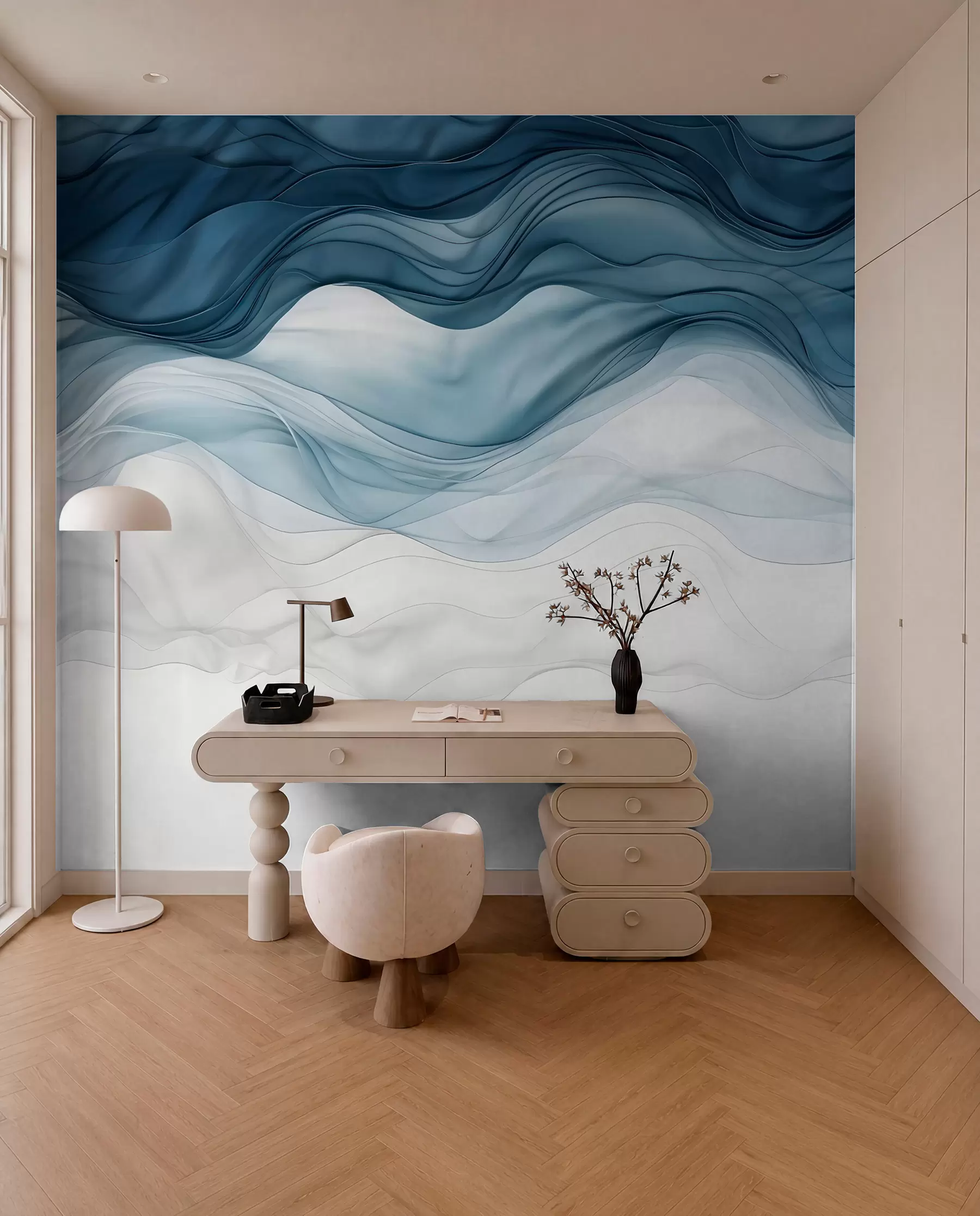 murales de pared Ondas fluidas de texturas translúcidas en tonos azul oscuro, azul claro y blanco sobre un fondo claro w08775